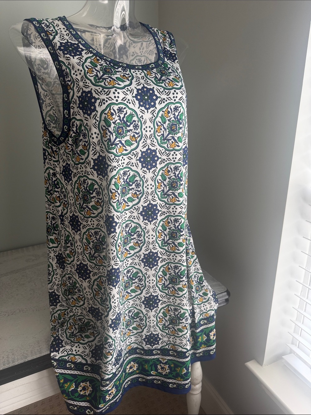 Max Studio White Navy Green Printed Sleeveless tank dress